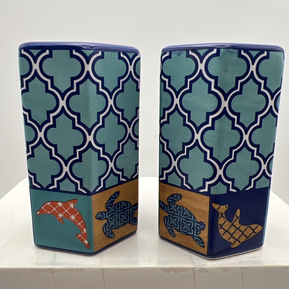 SeaWorld Moroccan Style Ceramic Salt & Pepper Shakers Sea Turtles Dolphins Blue